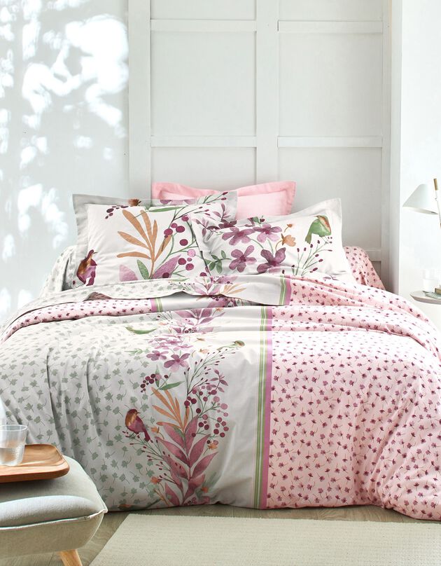 Linge de lit Betty en coton à motifs fleurs et oiseaux (rose)