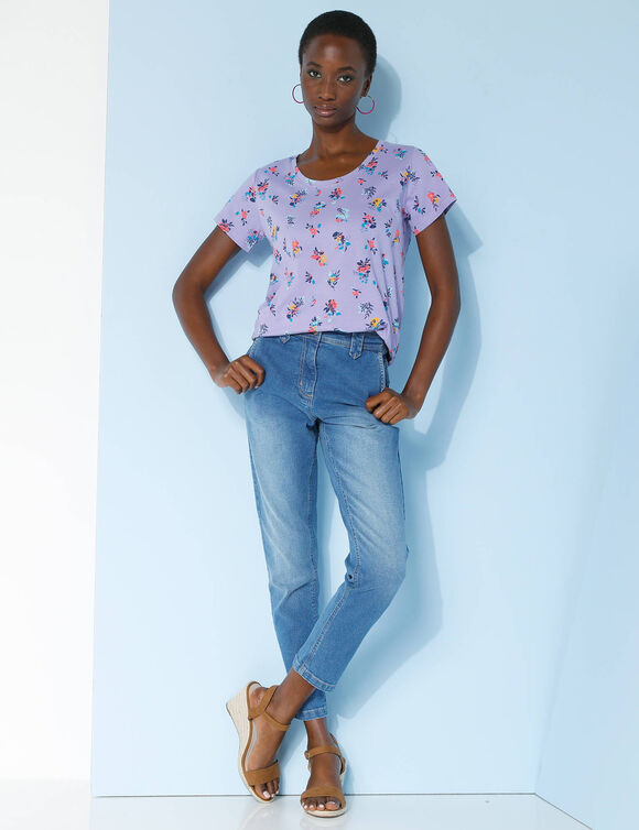 T-shirt col rond imprimé fleuri coton (mauve)
