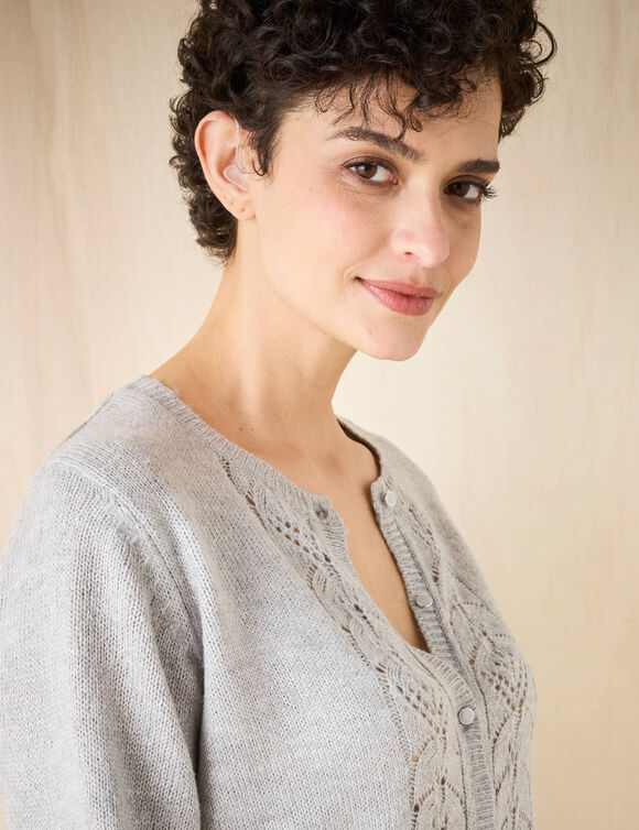 Gilet boutonné, maille ajourée (gris chiné)