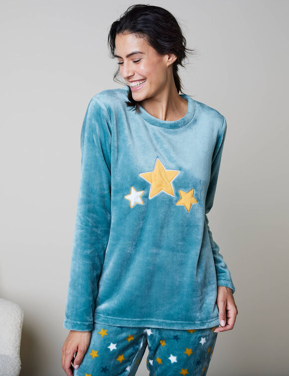 Pyjama pantalon polaire "étoiles", toucher peluche (bleu grisé)