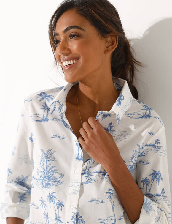 Chemise imprim&eacute; palmiers bicolore (blanc / bleu)