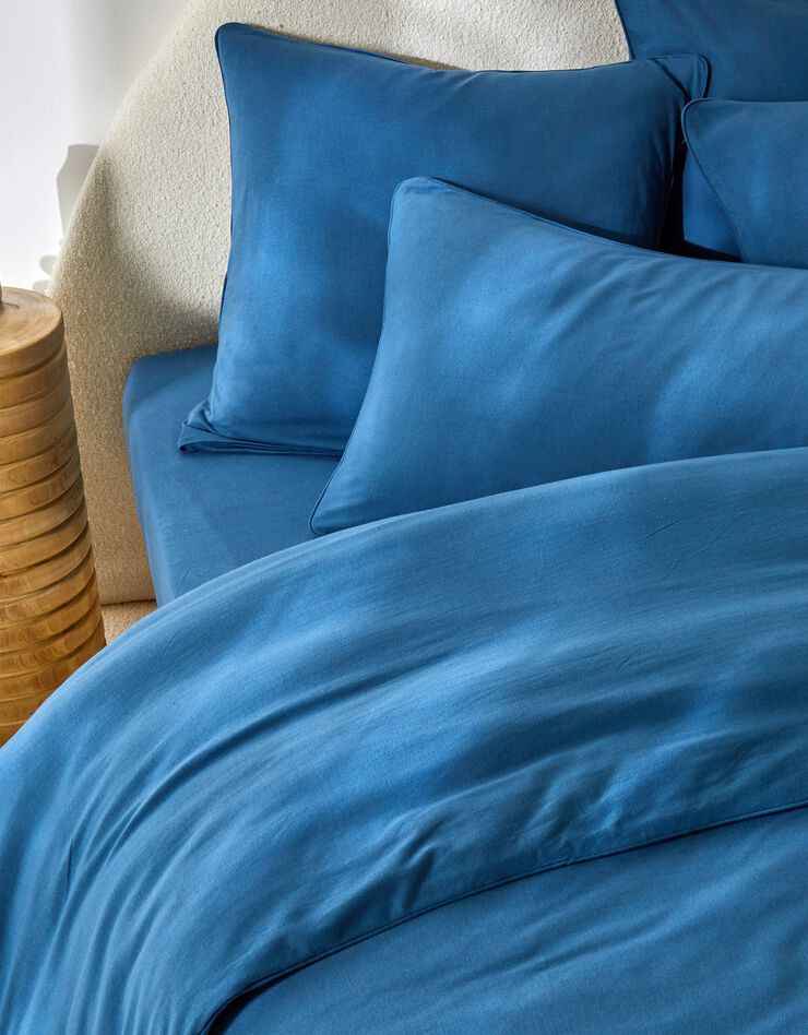 Linge de lit uni en jersey passepoilé coton (bleu)