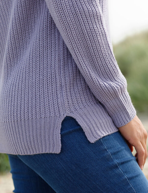 Pull tunique col V, maille anglaise (parme)