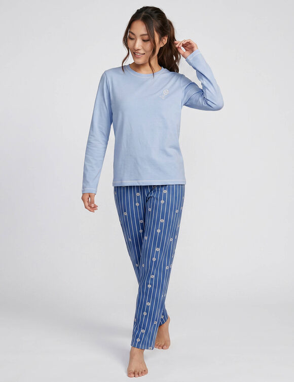 Gestreepte pyjamabroek &bdquo;botanische charme&ldquo; (blauw / ecru)