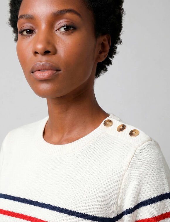 Pull col rond ray&eacute; marini&egrave;re, boutons &eacute;paule (&eacute;cru / bleu)