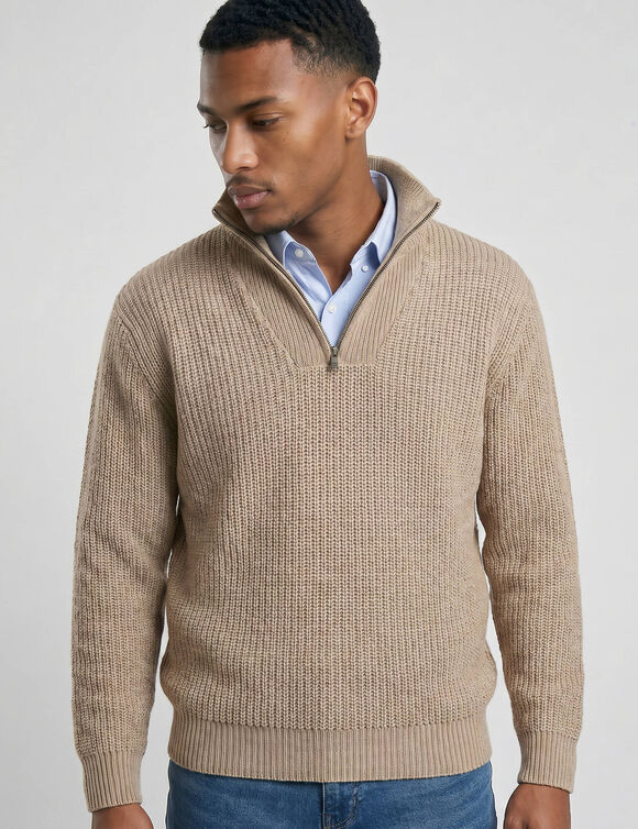 Pull col camionneur c&ocirc;te anglaise 30% laine (beige moulin&eacute;)