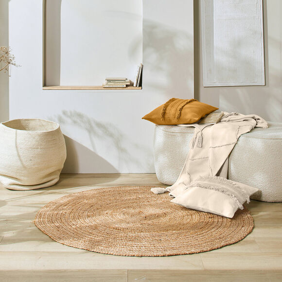 Tapis rond uni en jute tressé (beige)