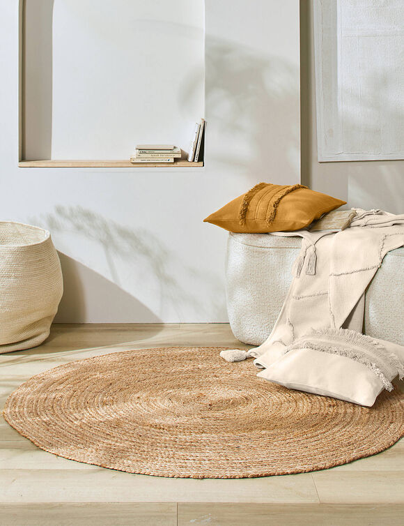 Effen rond tapijtje in gevlochten jute (beige)