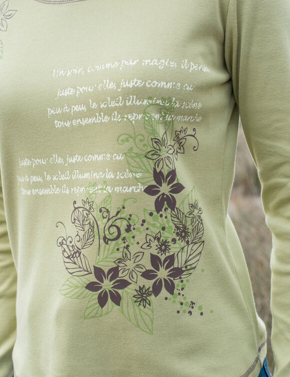 T shirt manches longues imprim&eacute; fleuri (vert tilleul)