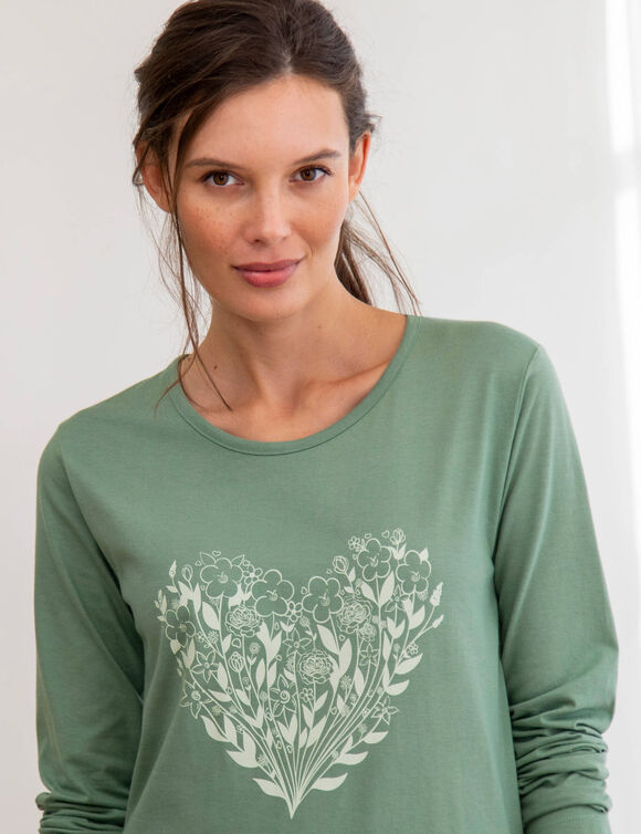 Chemise de nuit longue manches longues imprim&eacute; coeur floral  (kaki)