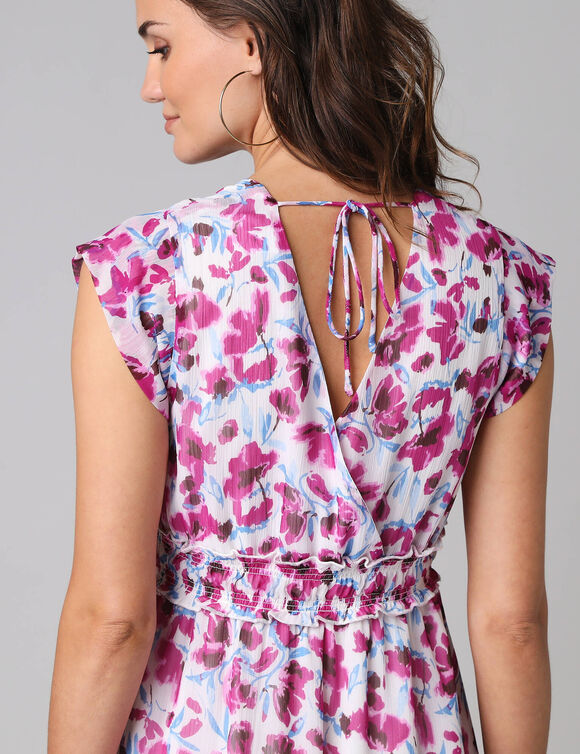 Robe courte d&eacute;collet&eacute; cache-coeur, en voile imprim&eacute; (violine)