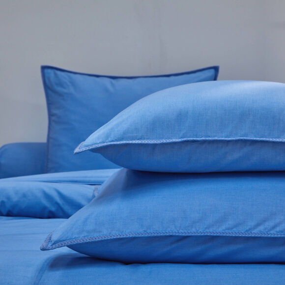 Linge de lit uni coton lavé (bleu)