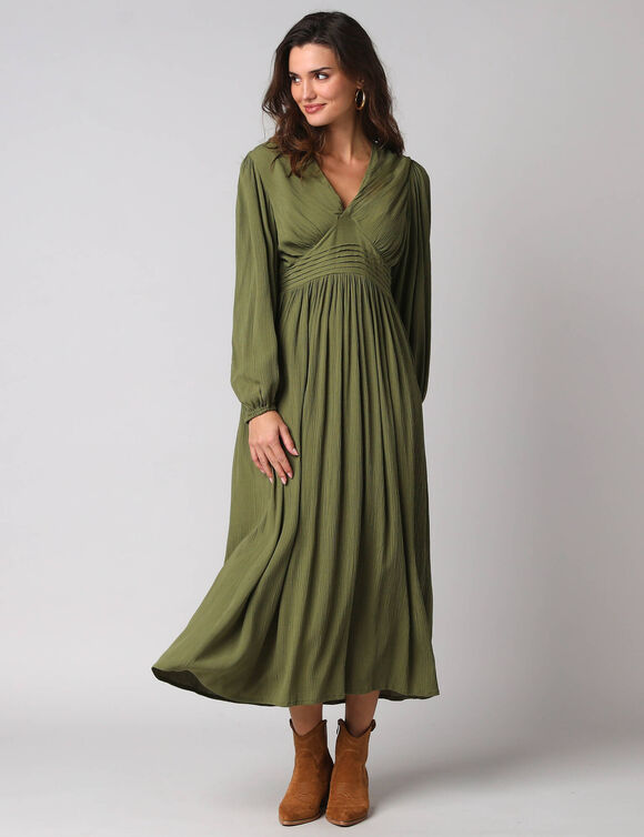 Robe longue col V manches bouffantes, en cr&eacute;pon (vert)