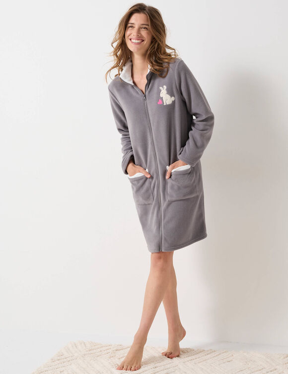 Halflange kamerjas met rits, in fleece, 'konijn' borduursel (grijs / ecru)
