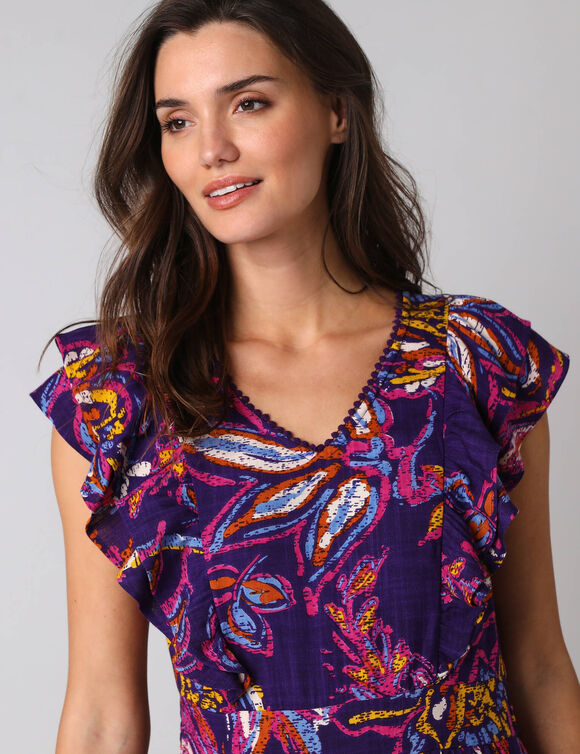 Robe imprim&eacute;e manches volant&eacute;es (paars)