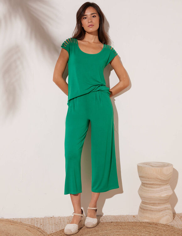 Pantalon large 7/8ème, taille élastiquée, maille unie (vert)
