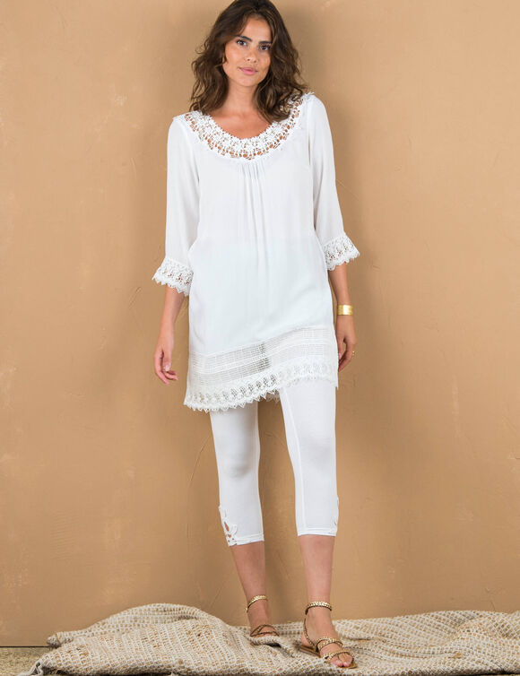 Tunique macramé manches 3/4, crépon (blanc)