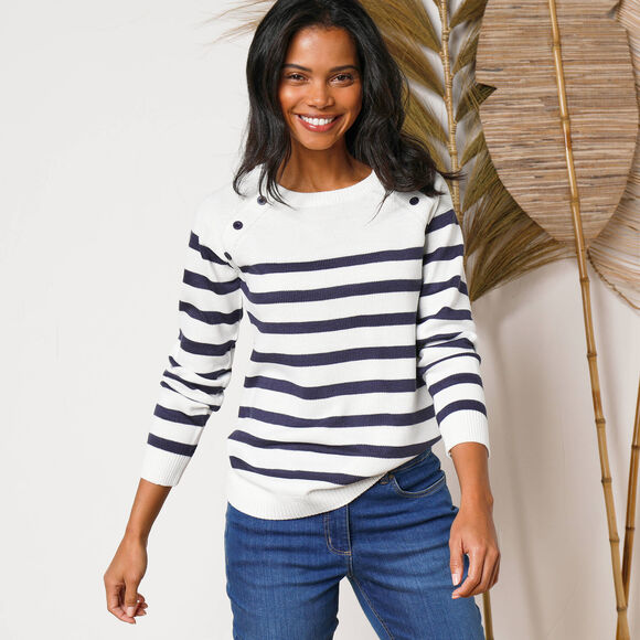 Pull marini&egrave;re manches longues ray&eacute; (&eacute;cru / marine)