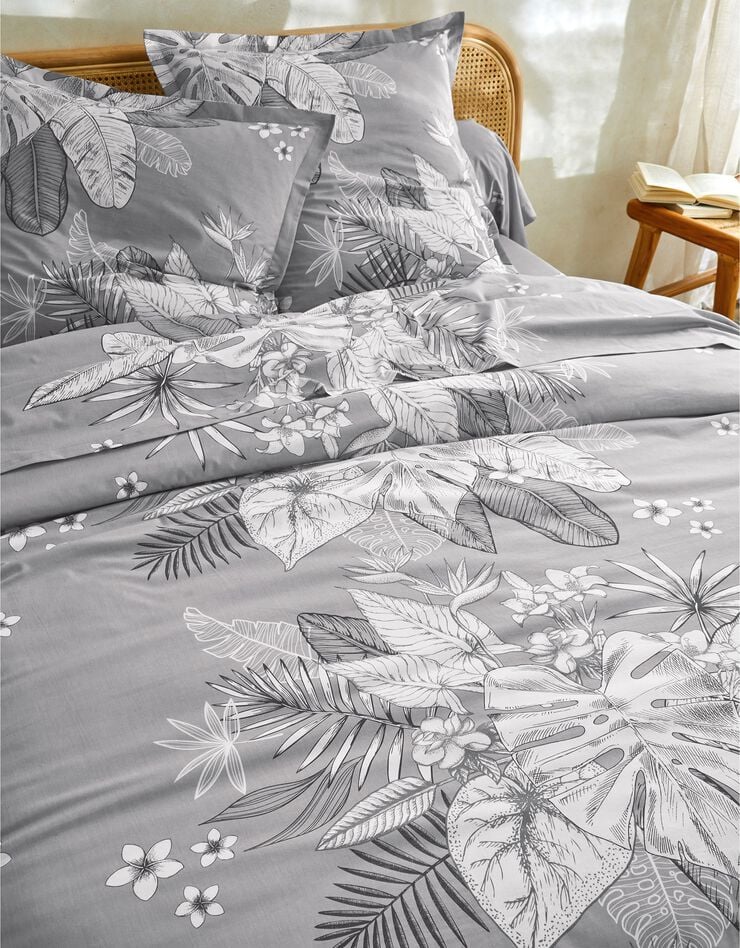 Linge de lit Elyse en coton imprimé fleurs et feuilles de palmes, gris, hi-res image number 4