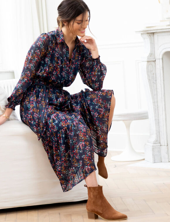 Robe-chemisier longue en voile jacquard imprim&eacute; floral (marine / caramel)