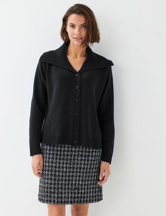 Gilet boutonn&eacute; col vareuse, en maille (noir)