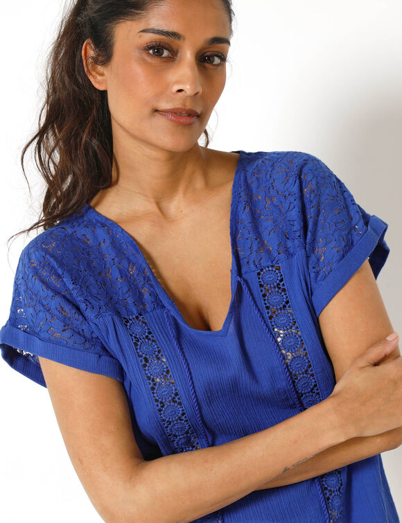 Blouse macram&eacute;, cr&eacute;pon coton (bleu dur)