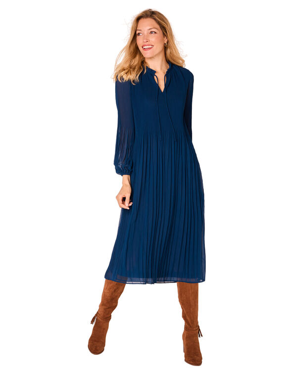 Robe unie mi longue, voile plissé (bleu nuit)