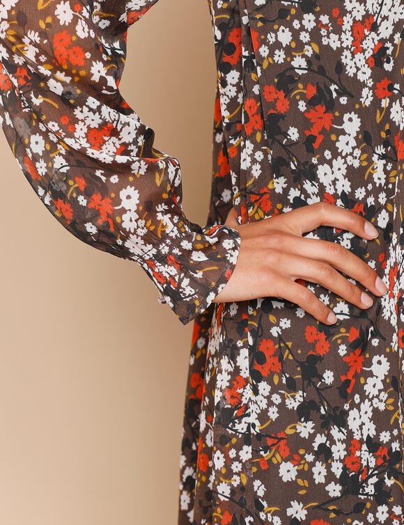 Robe à plis manches longues, imprimé fleuri (chocolat / ivoire)