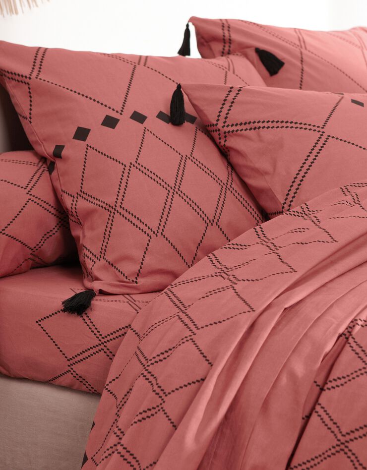 Linge de lit Massai coton à motifs graphiques et finitions pompons (terracotta)