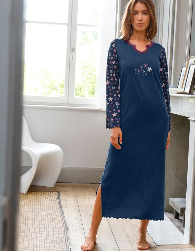 Nachthemd met bloemenprint - lange mouwen (marine)