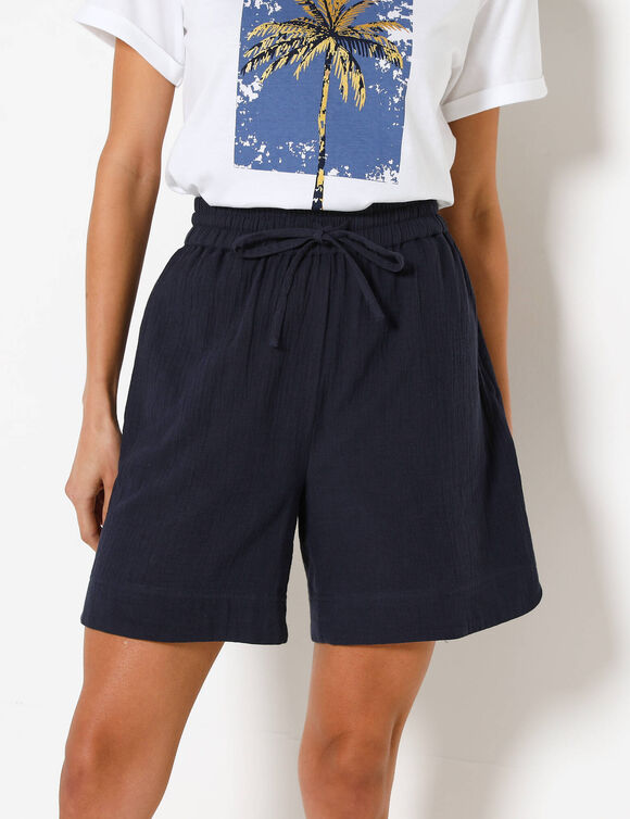 Short large taille haute, gaze de coton (marine)