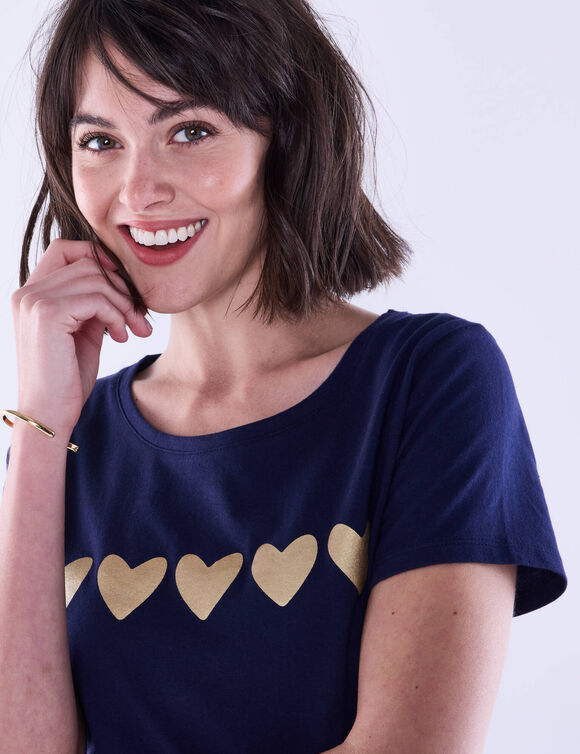 T-shirt met korte mouwen, goudkleurige hartjesprint (marine)