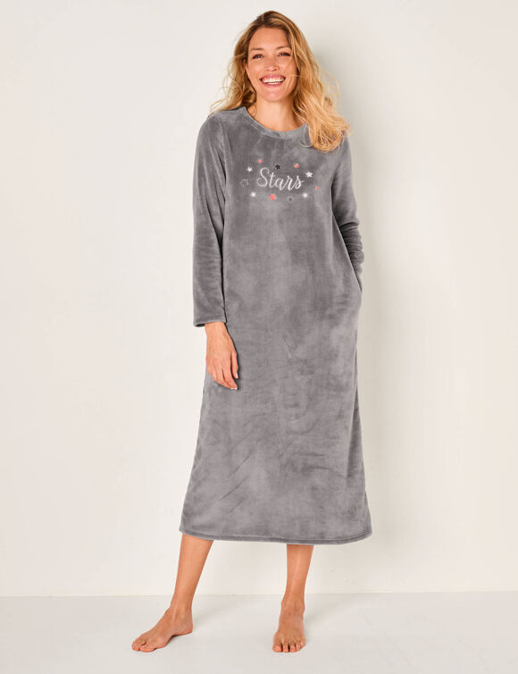 Lang nachthemd met geborduurde sterren, fleecetricot (grijs)