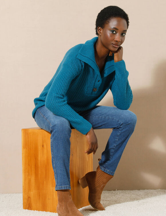 Pull col camionneur, maille anglaise toucher doux (bleu prusse)