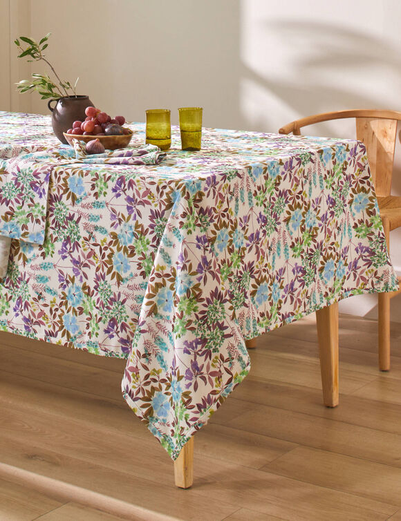 Nappe anti-taches imprimé petites fleurs (blanc / parme)