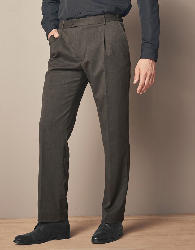 Pantalon taille élastiquée à pinces - polyester/laine, bronze, hi-res