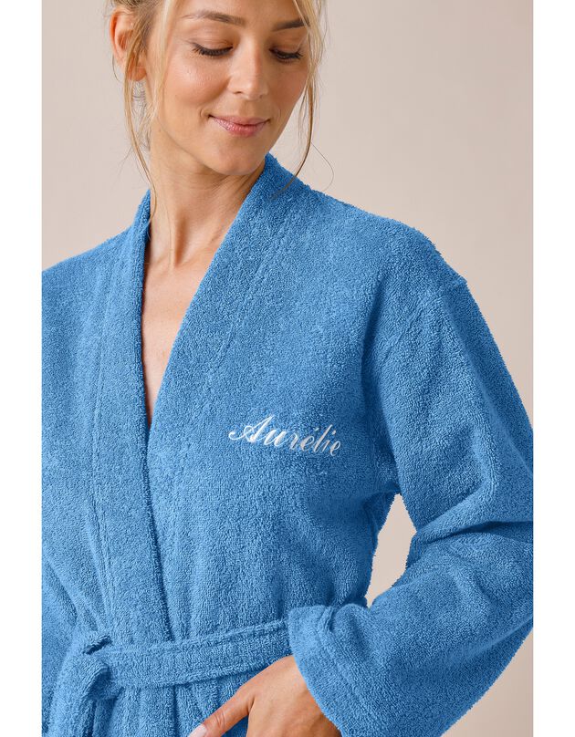 Peignoir mixte adulte uni coton éponge bouclette col kimono personnalisé (bleu jean)