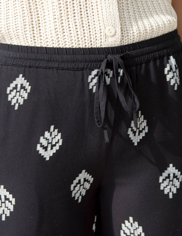 Pantalon large taille haute, viscose imprimée (noir / écru)