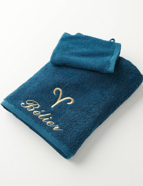 Serviettes de bain brodées Bélier - 420g/m2 (pauwblauw)