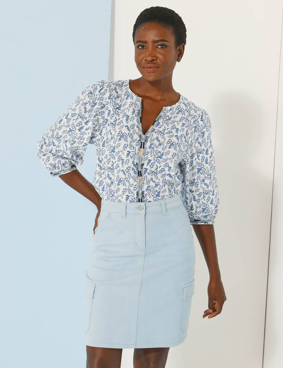 Blouse brodée en coton imprimée, manches 3/4 (bleu)