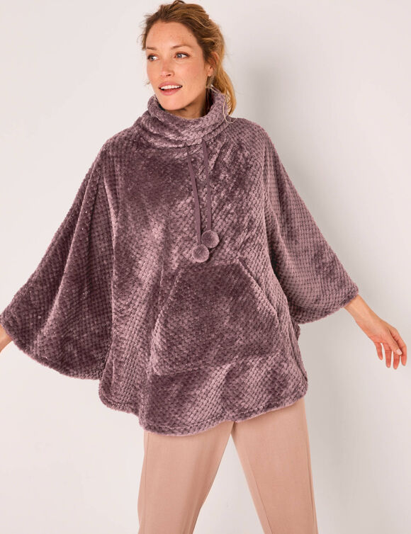Poncho maille polaire texturée, col montant (taupe)