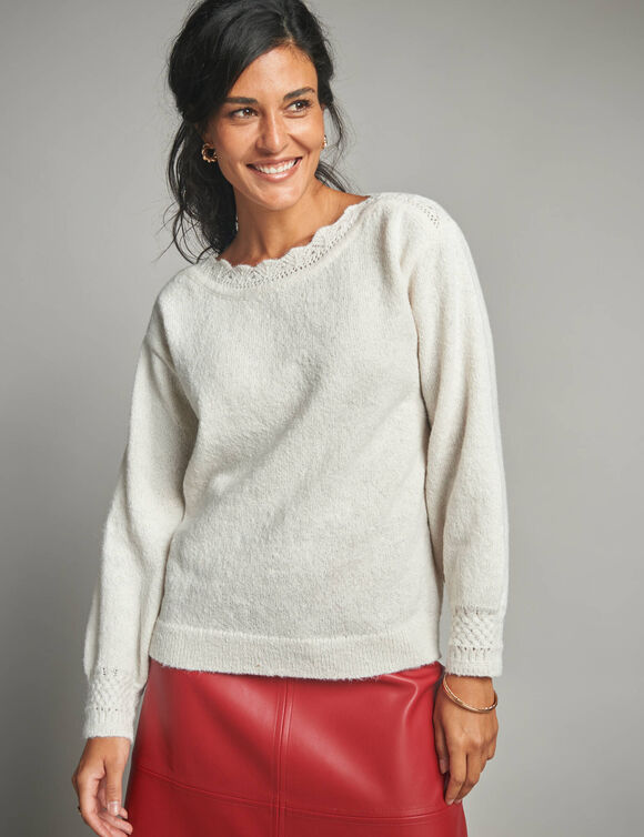 Pull col bateau, maille fantaisie  (écru)