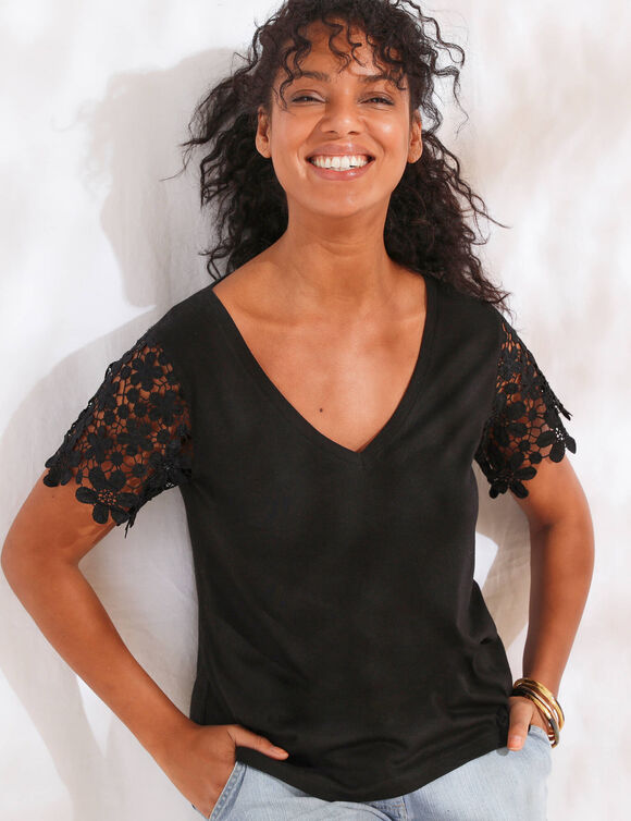 T-shirt manches courtes, macram&eacute; (noir)