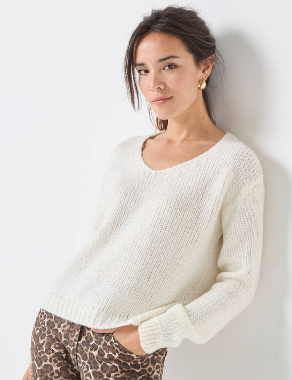 Trui met V-hals en loose volume, mohairtouch (ecru)