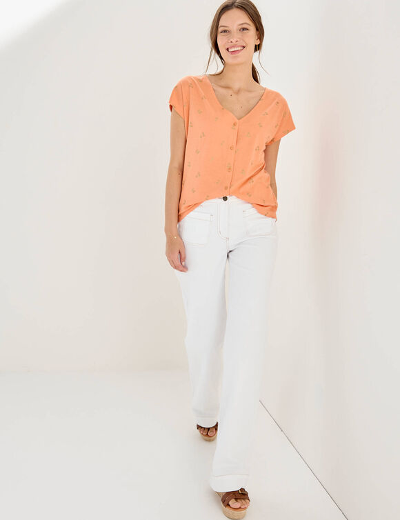 T-shirt col V boutonn&eacute; imprim&eacute; cerises dor&eacute;es (melon / dor&eacute;)