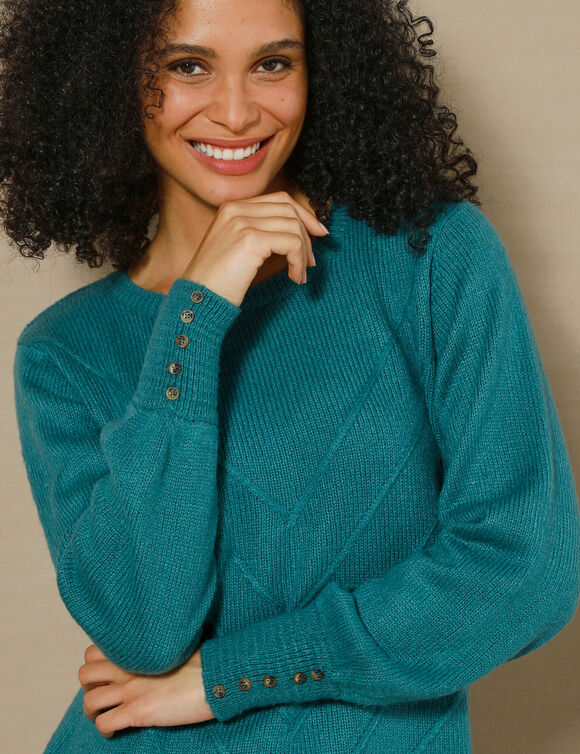 Pull maille fantaisie et détail boutons poignets, toucher doux  (turquoise foncé)