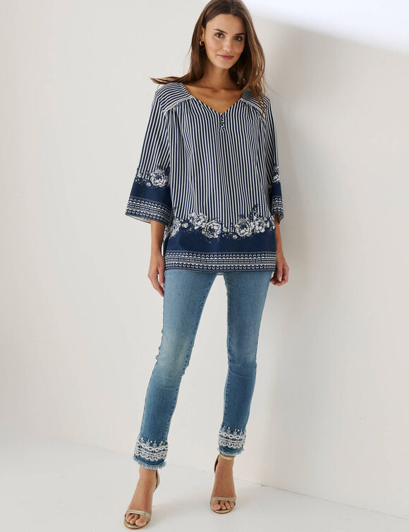 Blouse ample imprim&eacute;e manches 3/4 pagodes (indigo / &eacute;cru)