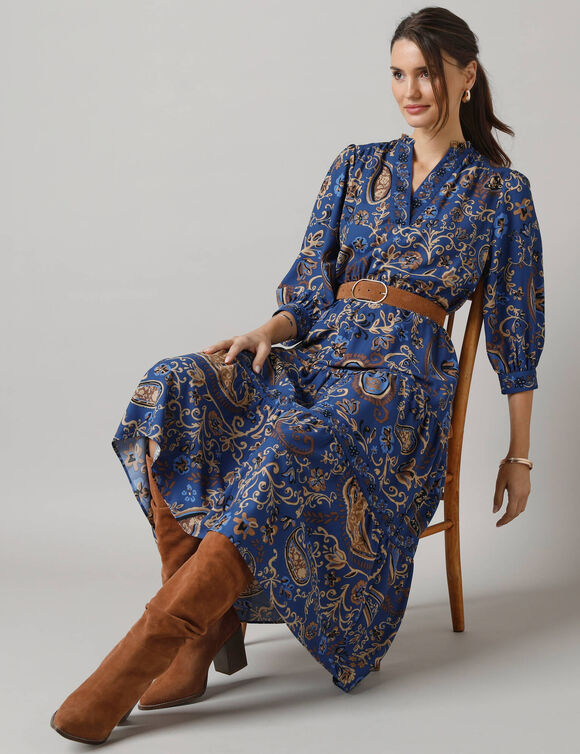 Lange jurk met elastische tailleband, bedrukte cr&ecirc;pe (blauw)