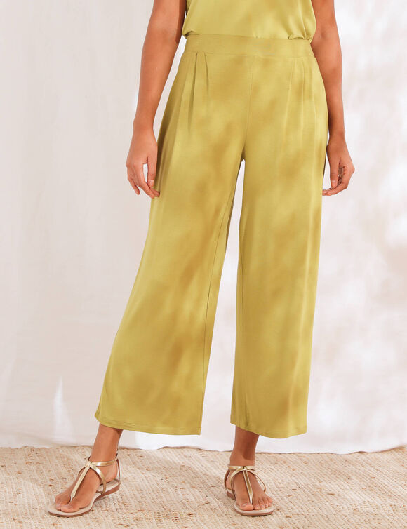 Pantalon large 7/8ème, taille élastiquée, maille unie (vert mousse)