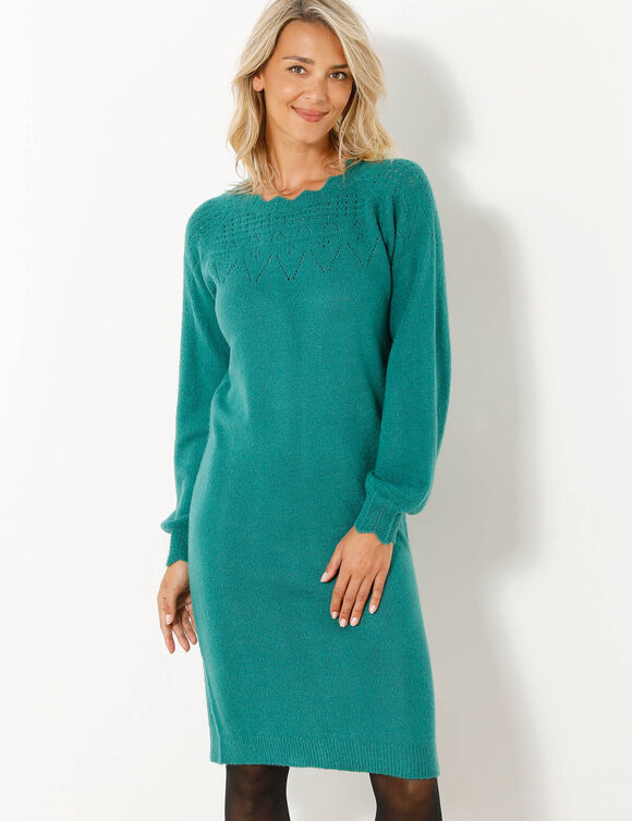 Robe pull finition écailles, maille fantaisie (vert émeraude)